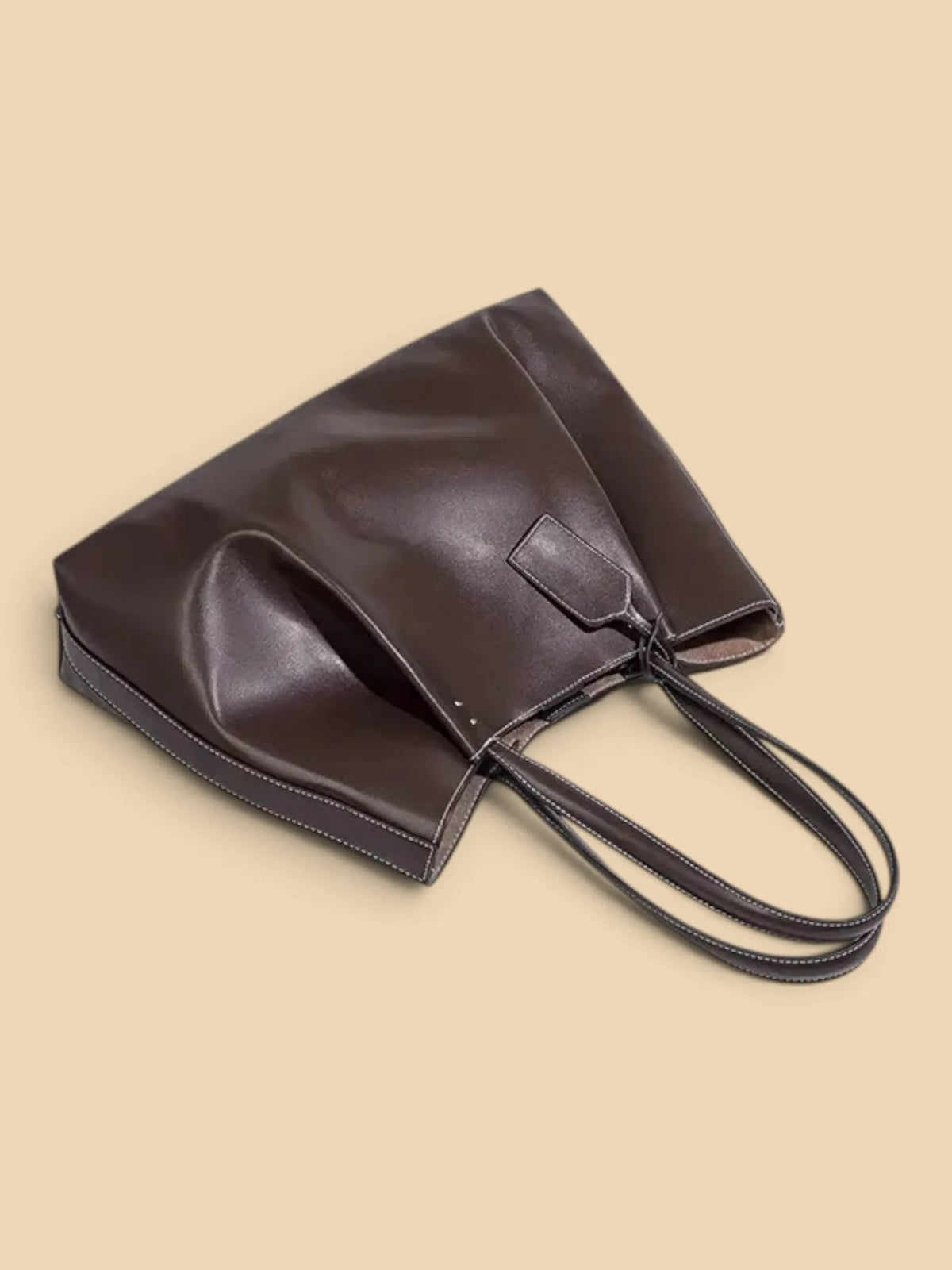 Sac Cabas Similicuir Surpiqûres Contrastées Femme Marron