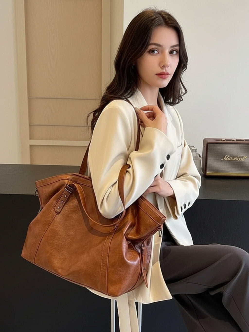 Sac de Cours Vintage en Simili Cuir Marron