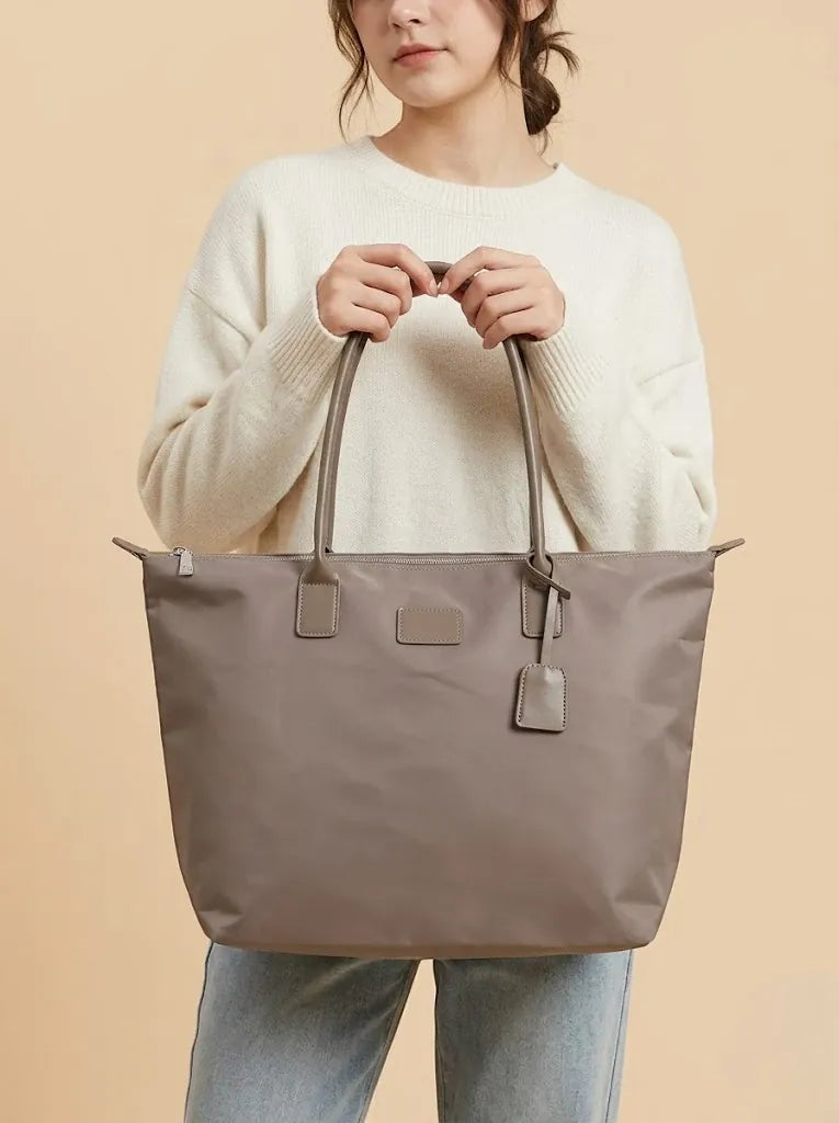 Cabas de Cours Nylon Imperméable Poignées Cuir Gris