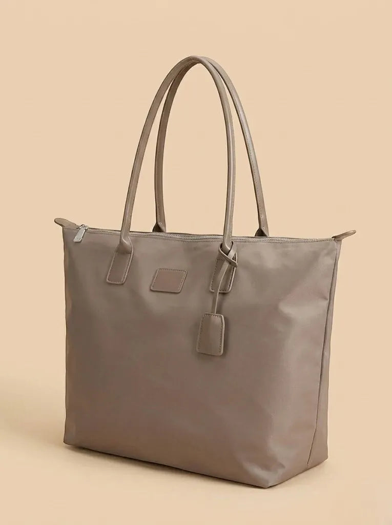 Cabas de Cours Nylon Imperméable Poignées Cuir Gris