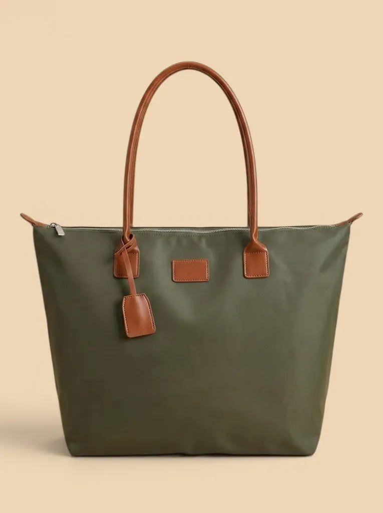 Cabas de Cours Nylon Imperméable Poignées Cuir Vert