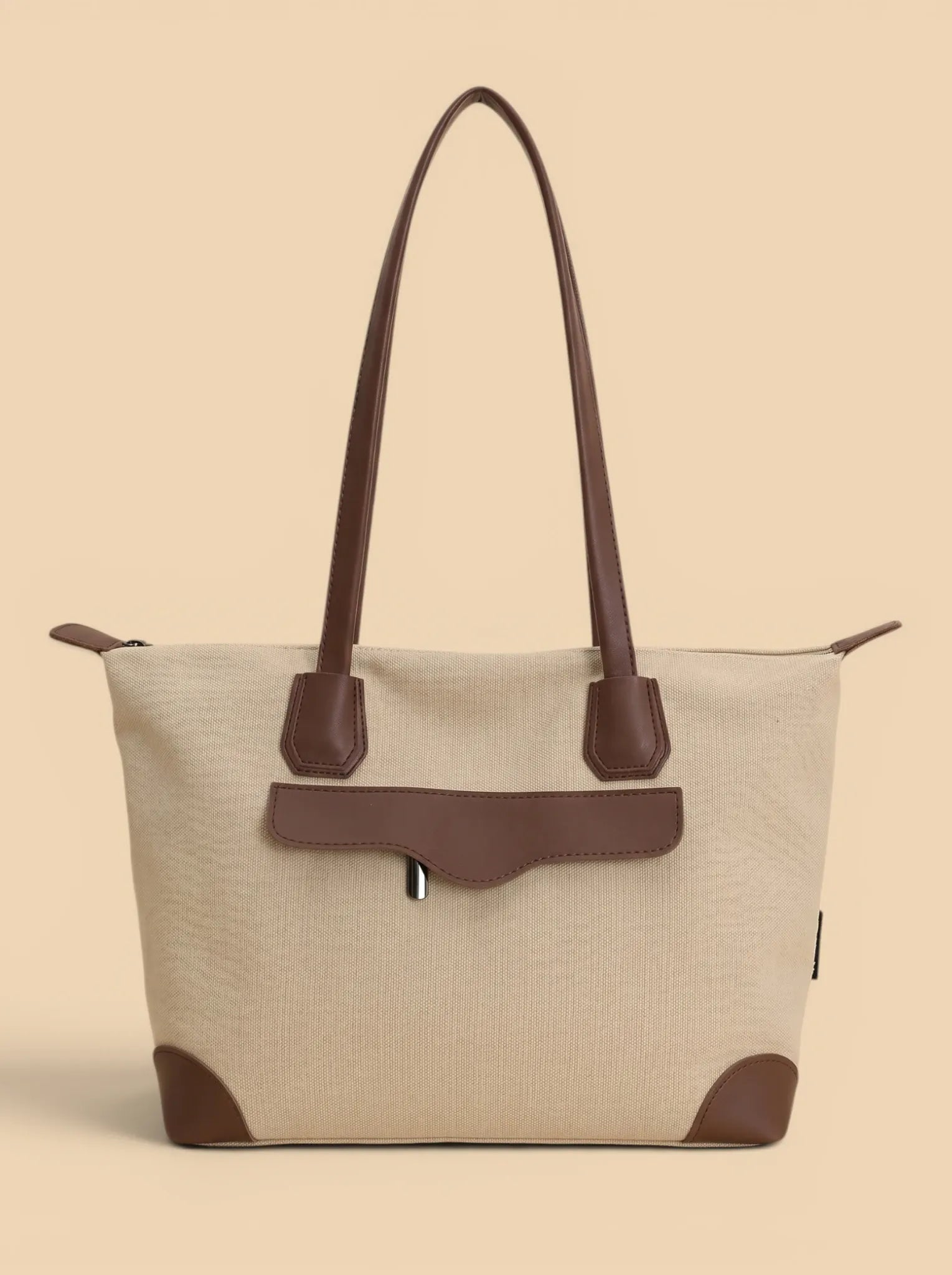 Grand cabas toile et cuir femme Beige