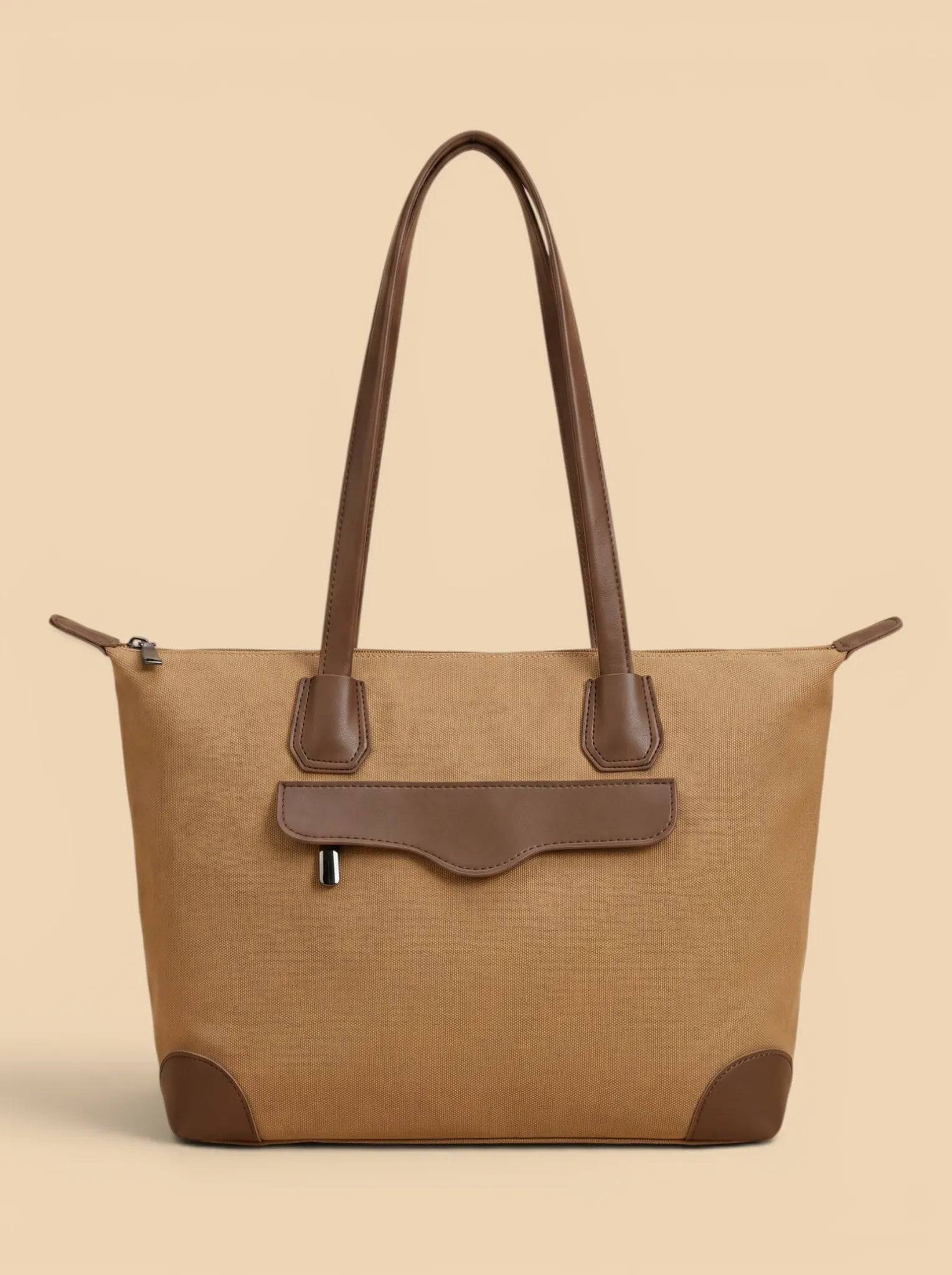 Grand cabas toile et cuir femme Camel