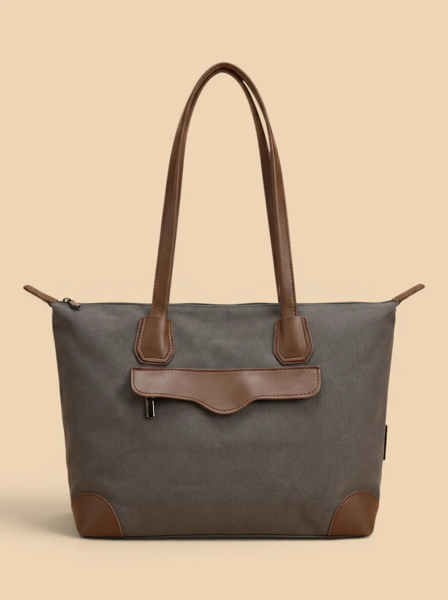 Grand cabas toile et cuir femme Gris