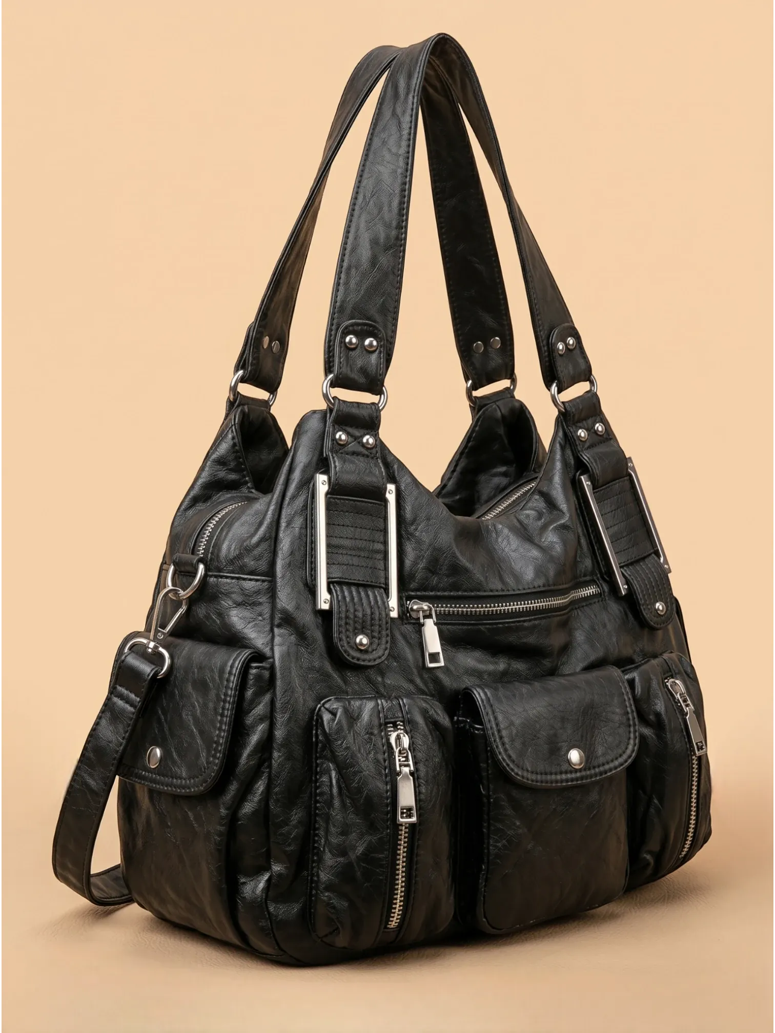 Grand Sac à Main Noir Multi-Poches Noir