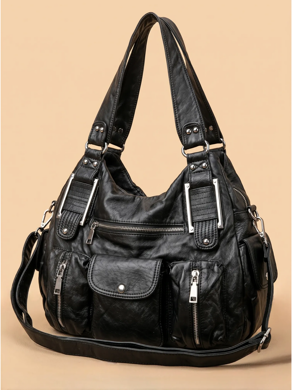 Grand Sac à Main Noir Multi-Poches Noir