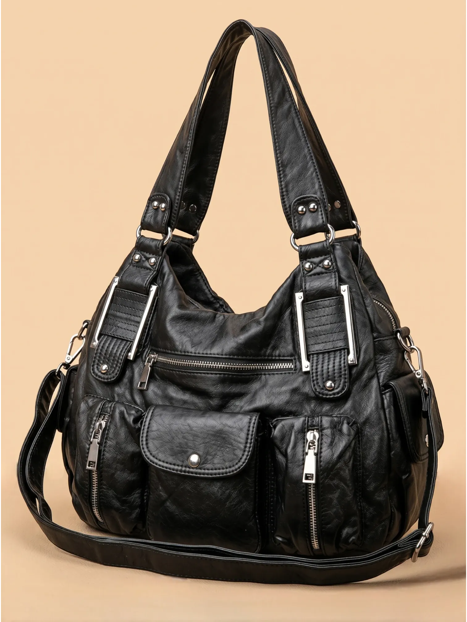 Grand Sac à Main Noir Multi-Poches Noir