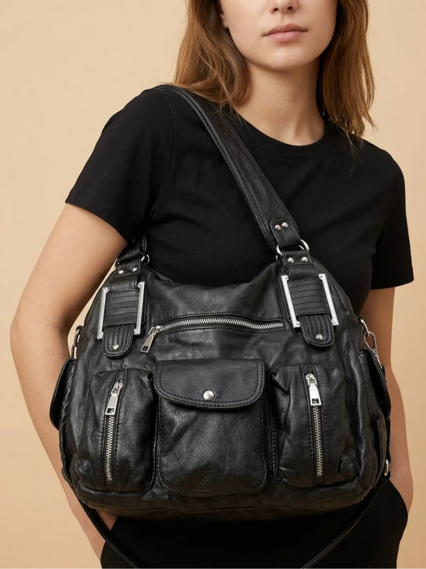 Grand Sac à Main Noir Multi-Poches Noir