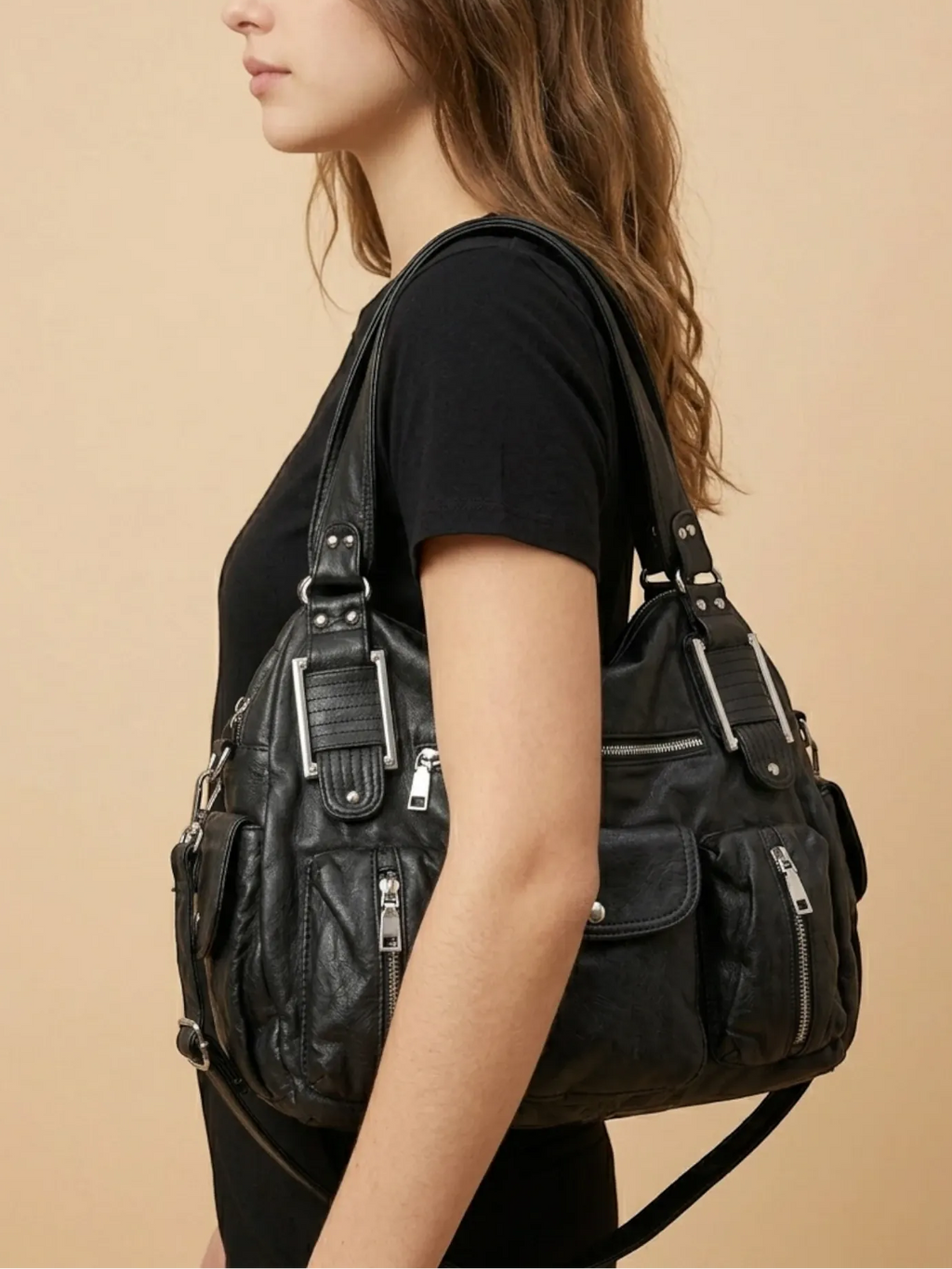 Grand Sac à Main Noir Multi-Poches Noir
