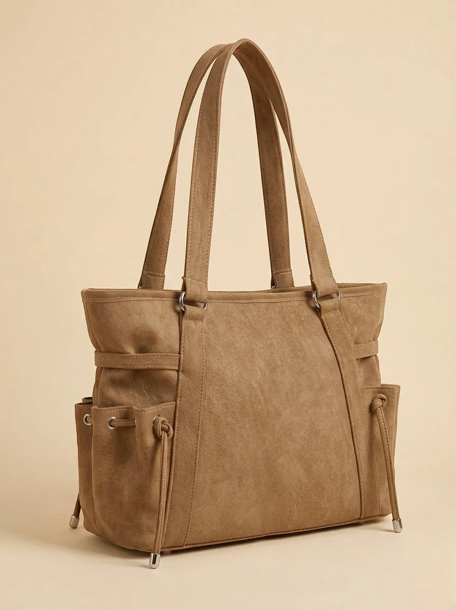 Grand Sac Cabas Daim Poches Latérales Camel
