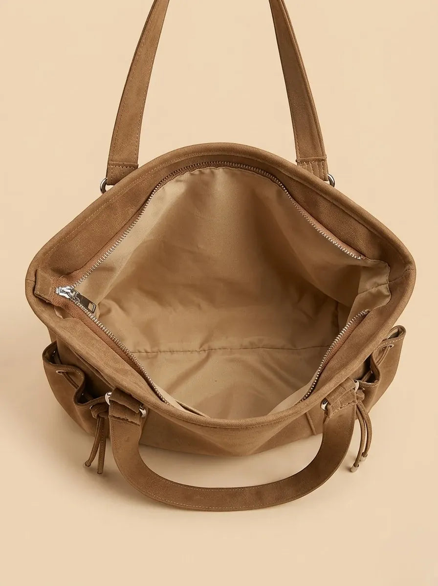 Grand Sac Cabas Daim Poches Latérales Camel