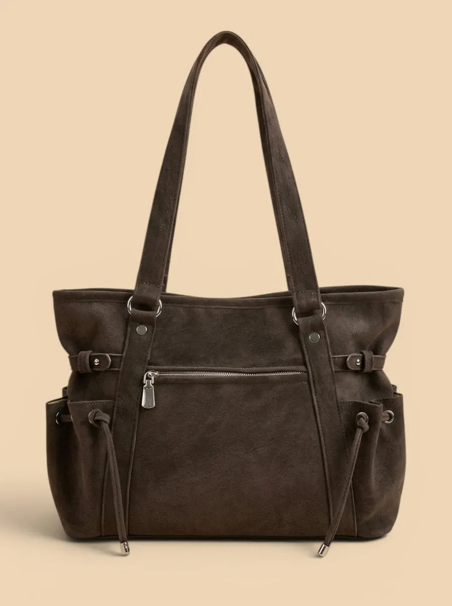 Grand Sac Cabas Daim Poches Latérales Café
