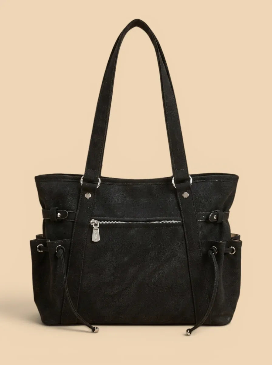 Grand Sac Cabas Daim Poches Latérales Noir