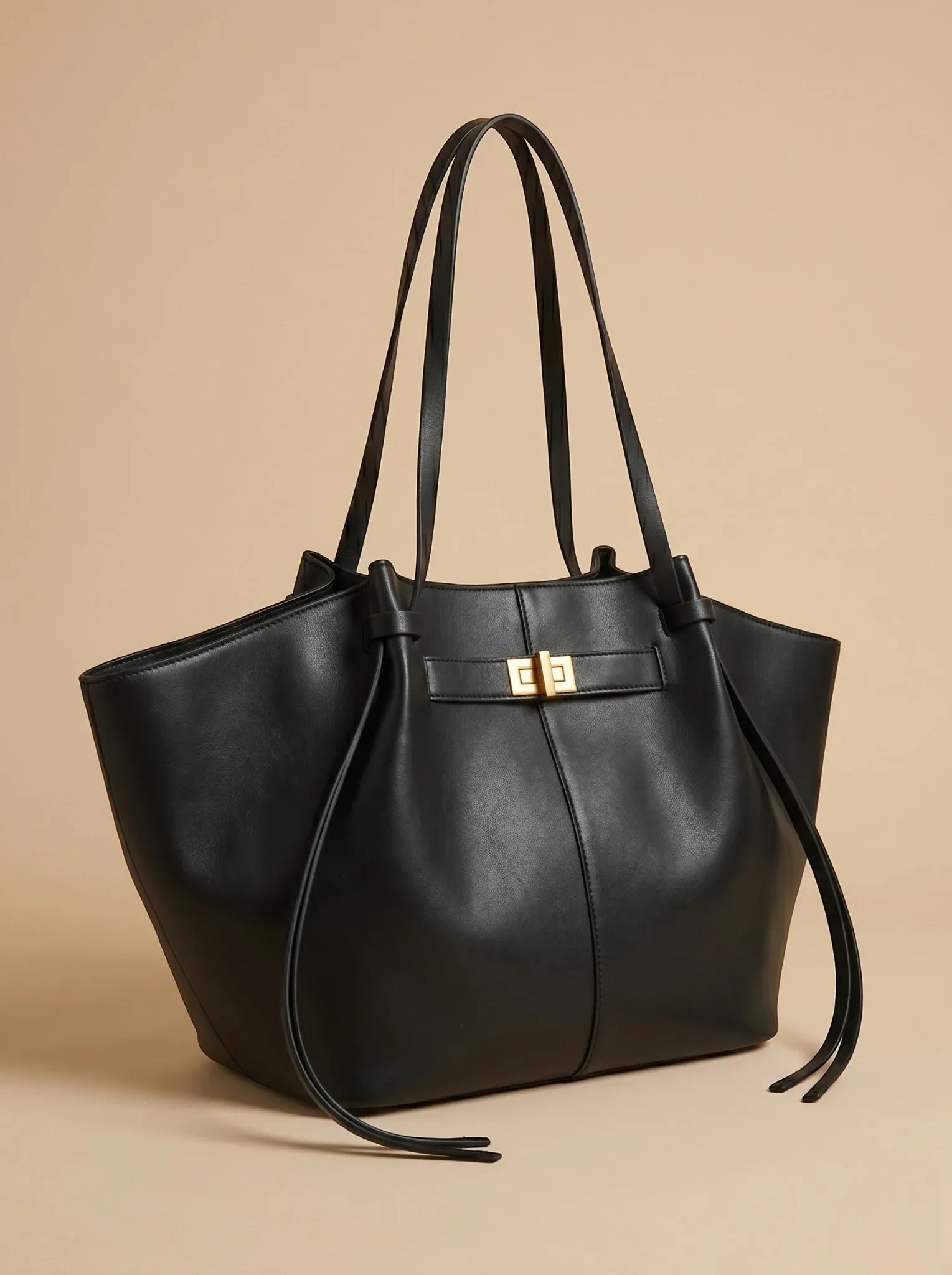 Grand Sac Cabas de Cours en Cuir Vegan Lisse Noir