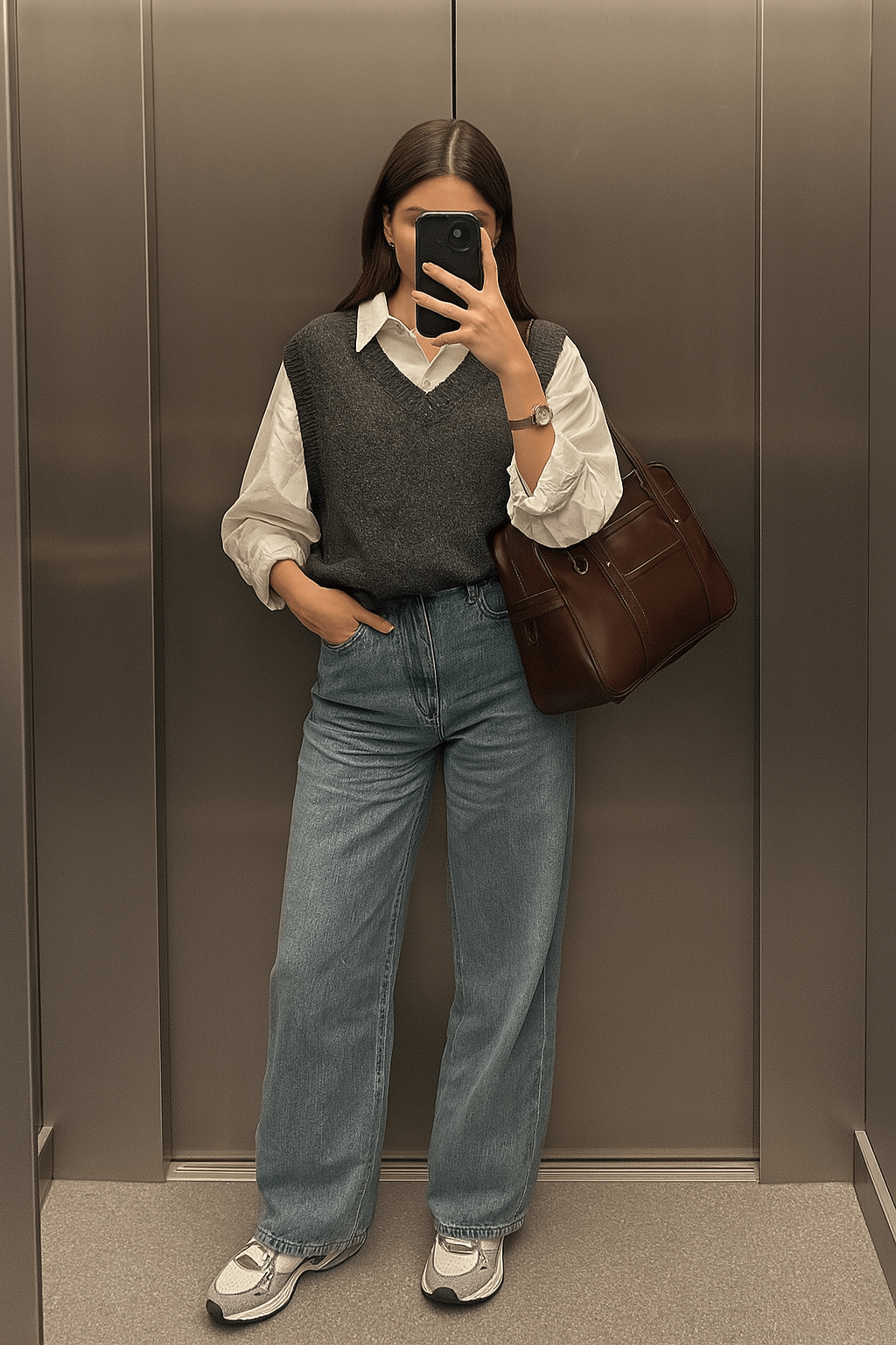 Grand Sac Cabas de Cours en Simili Cuir Marron