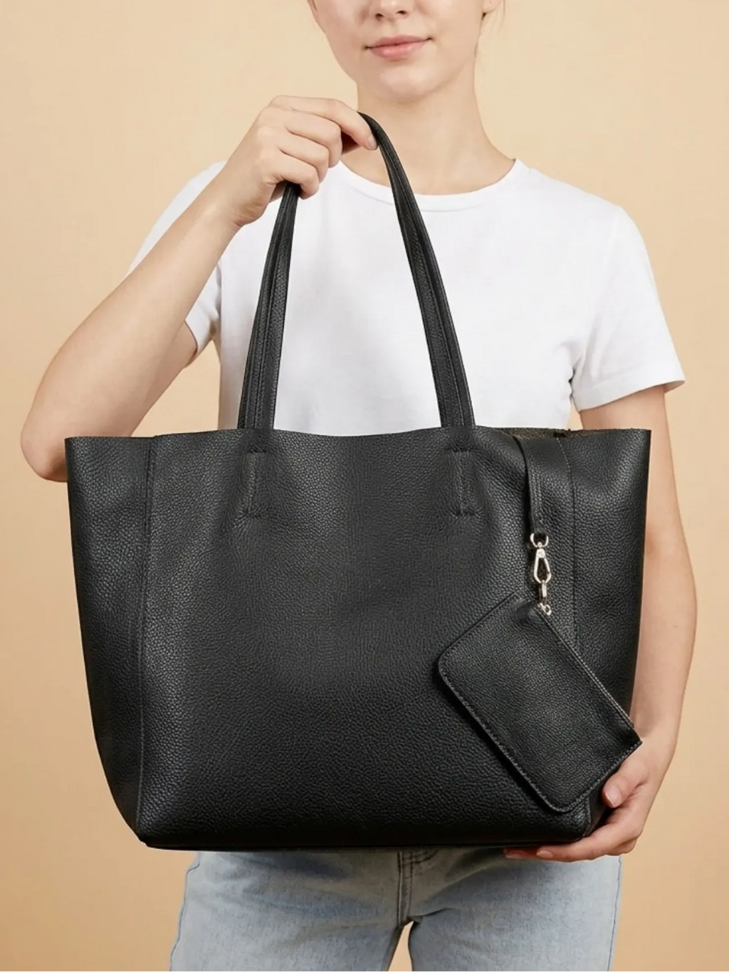 Grand Sac Cabas en Cuir Épais Noir