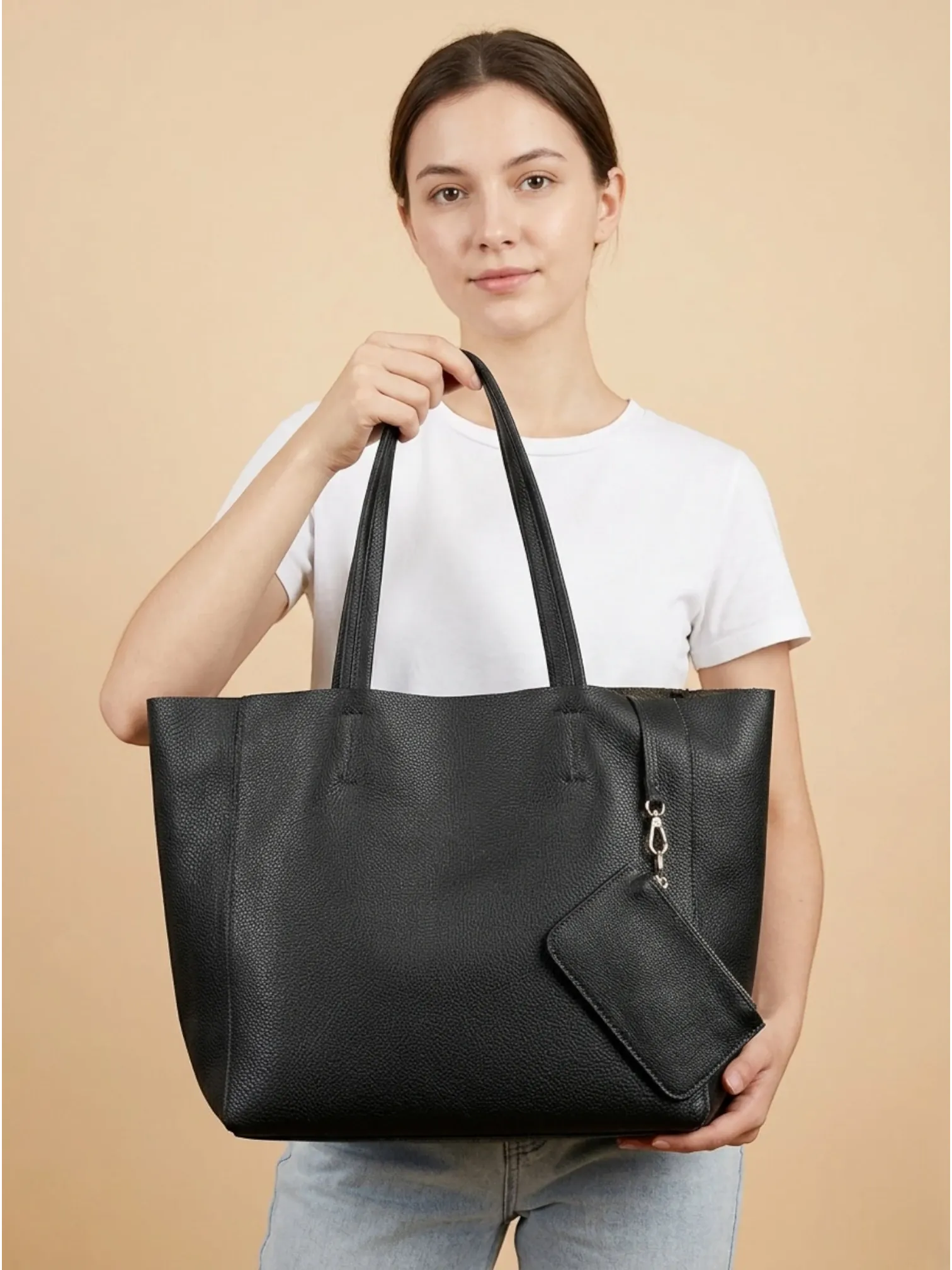 Grand Sac Cabas en Cuir Épais Noir