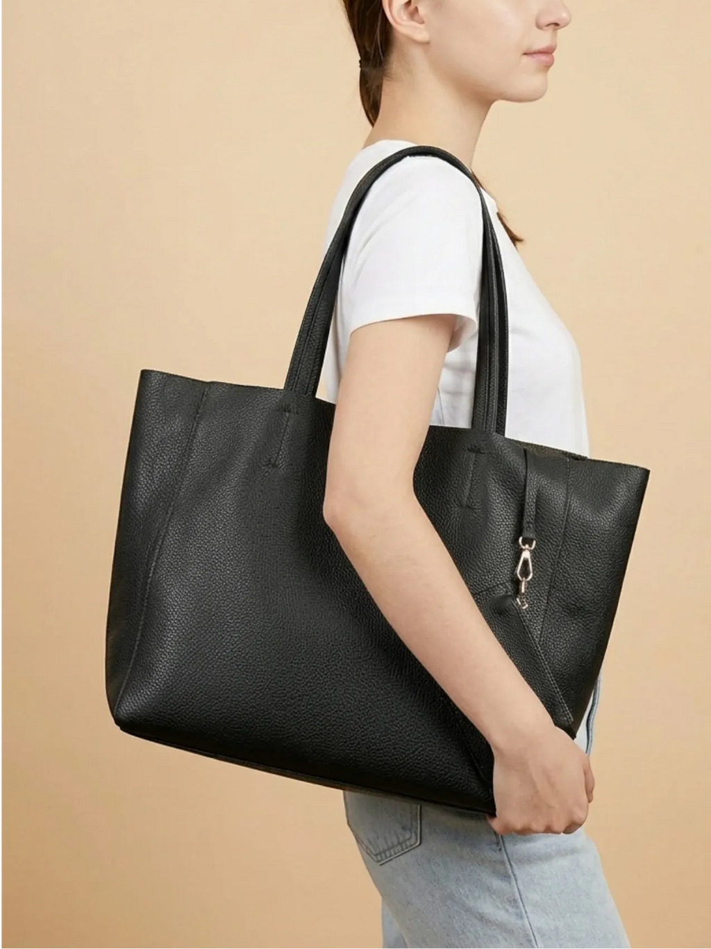 Grand Sac Cabas en Cuir Épais Noir