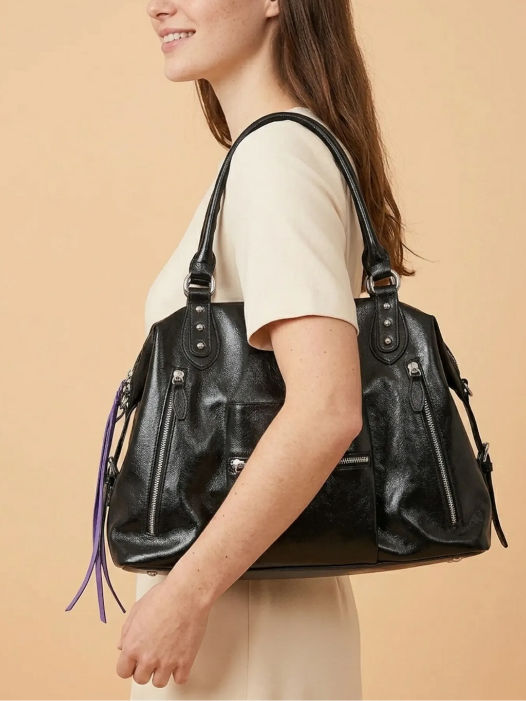 Grand Sac Cabas Retro Lisse Noir