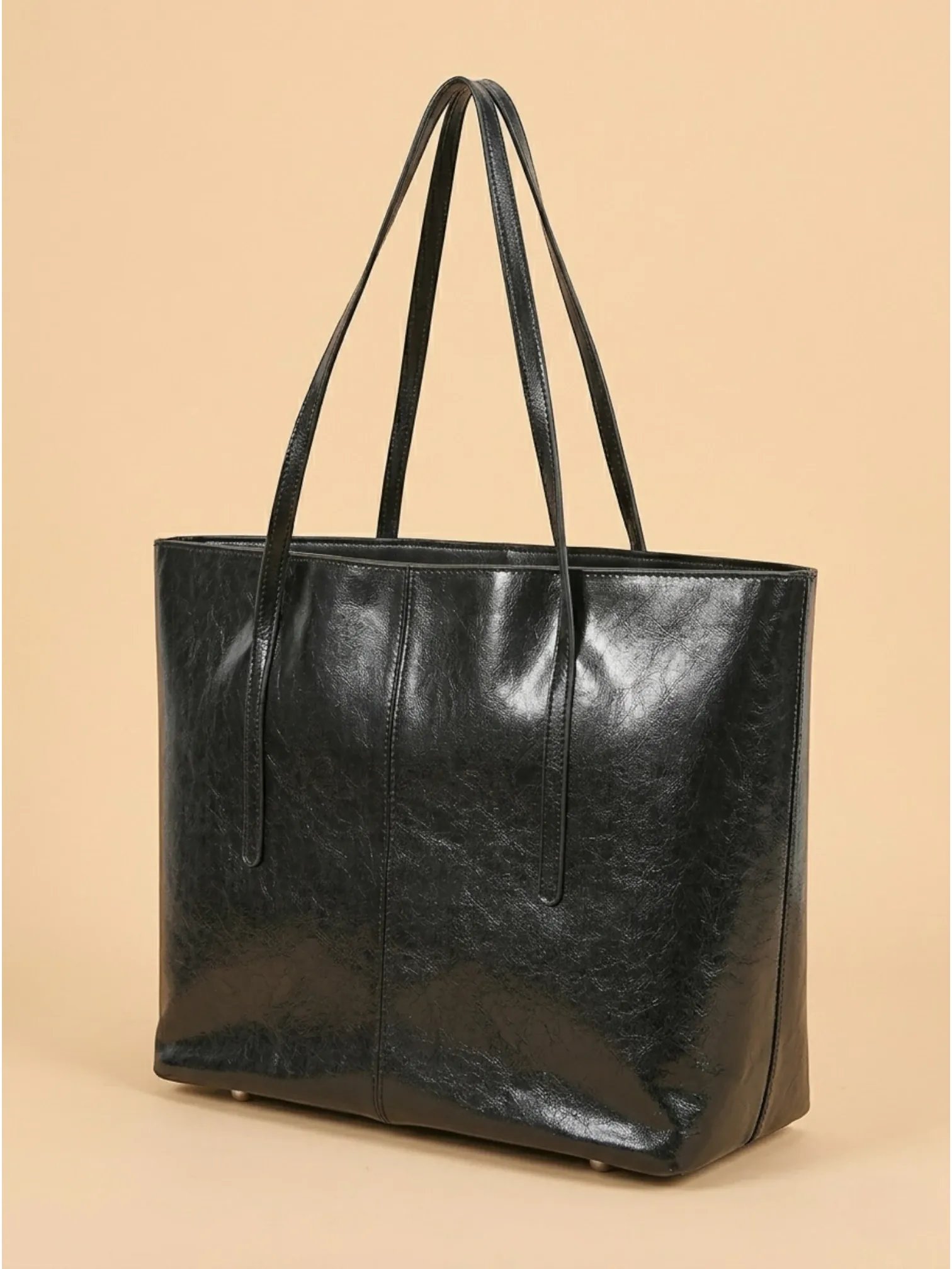 Grand Sac Cabas Structuré en Cuir Vintage Noir