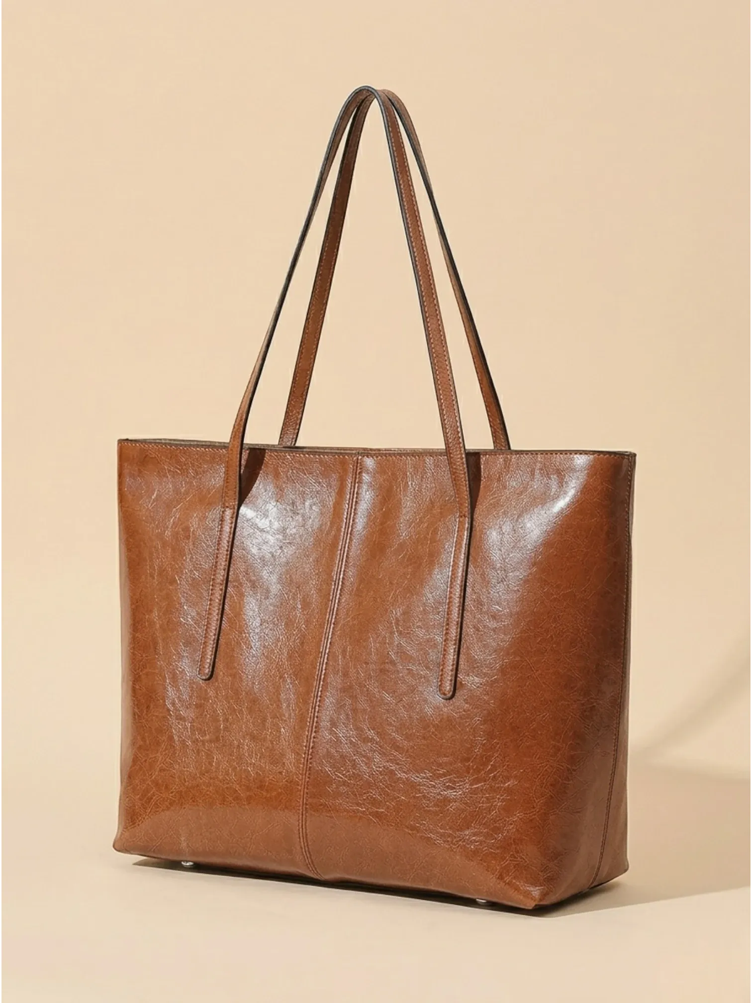 Grand Sac Cabas Structuré en Cuir Vintage Marron