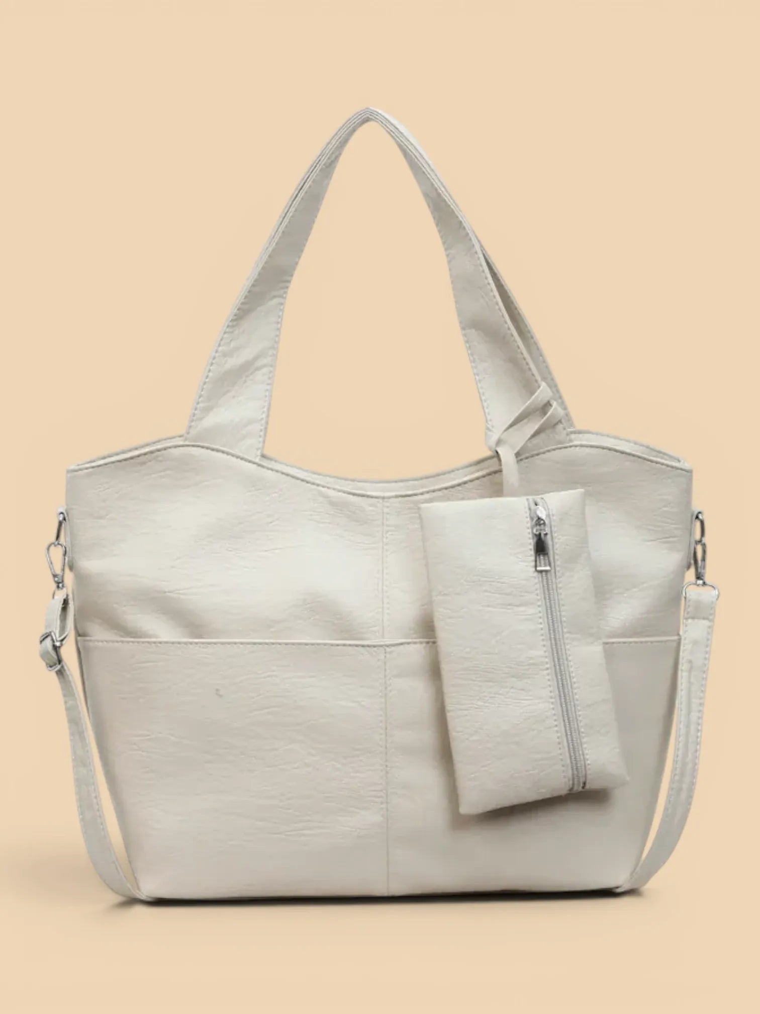 Grand Sac Cuir Vegan Souple avec Pochette Beige