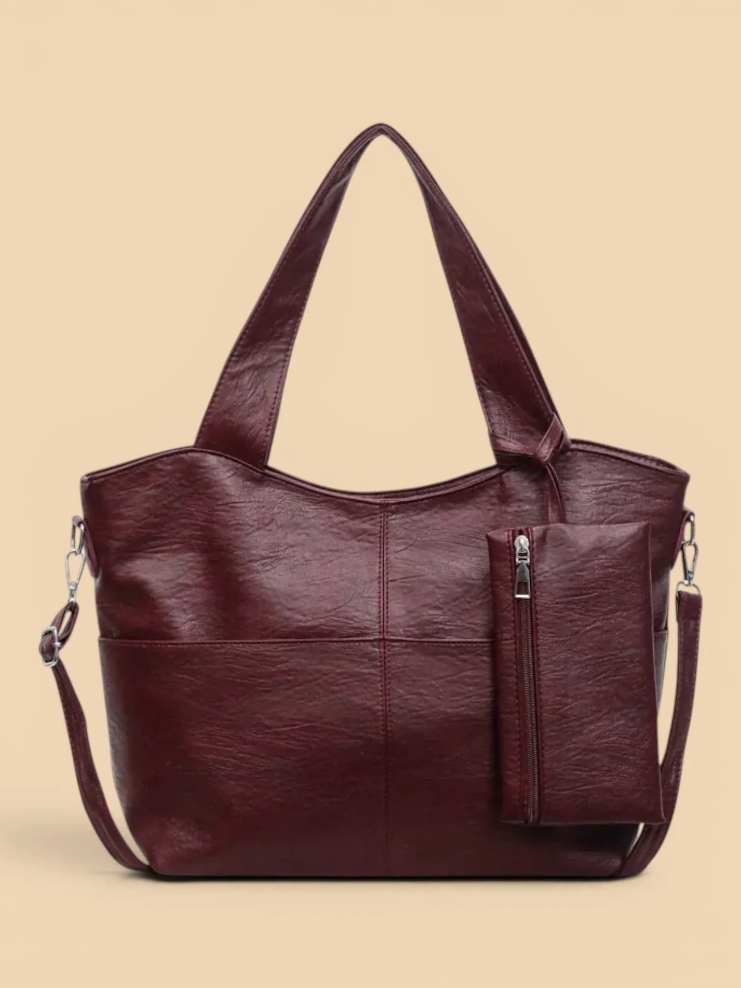 Grand Sac Cuir Vegan Souple avec Pochette Bordeaux