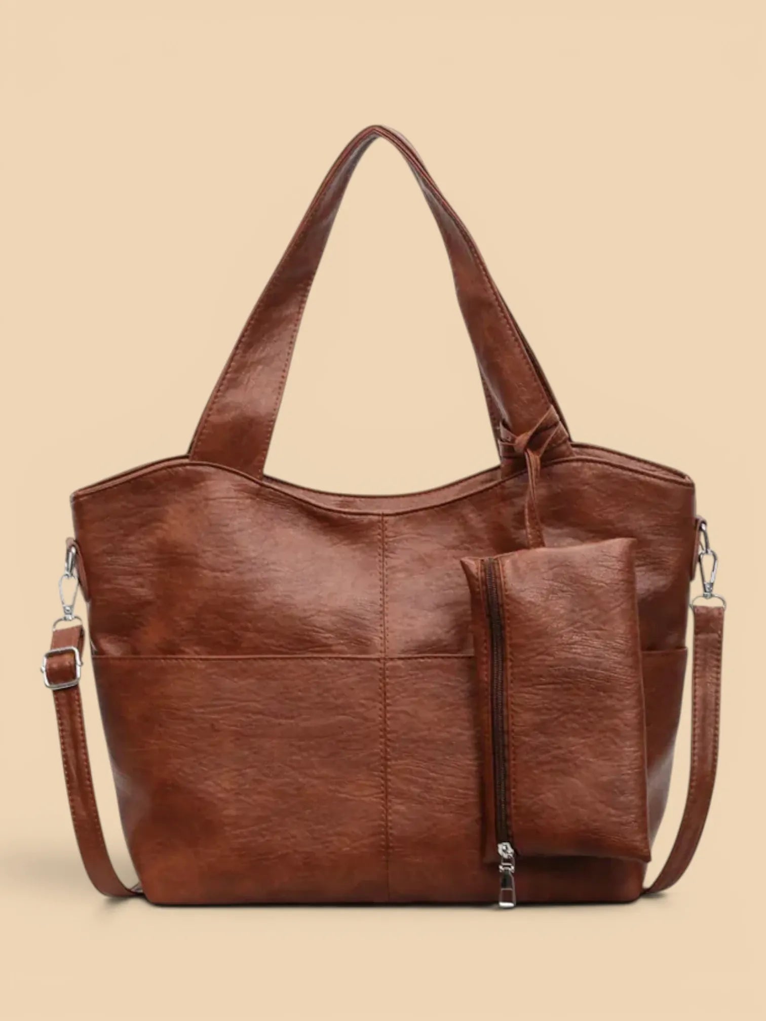 Grand Sac Cuir Vegan Souple avec Pochette Camel