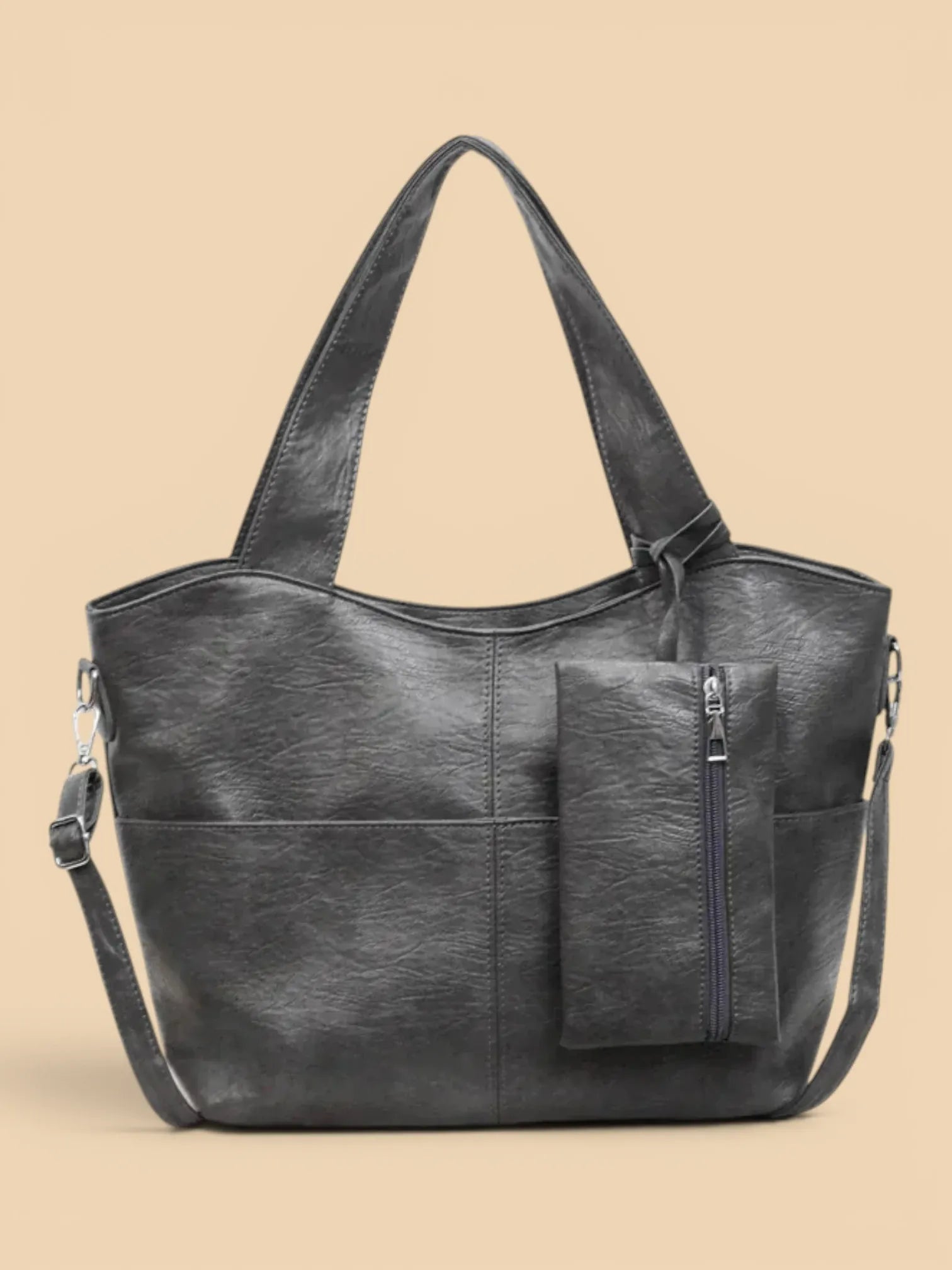 Grand Sac Cuir Vegan Souple avec Pochette Gris