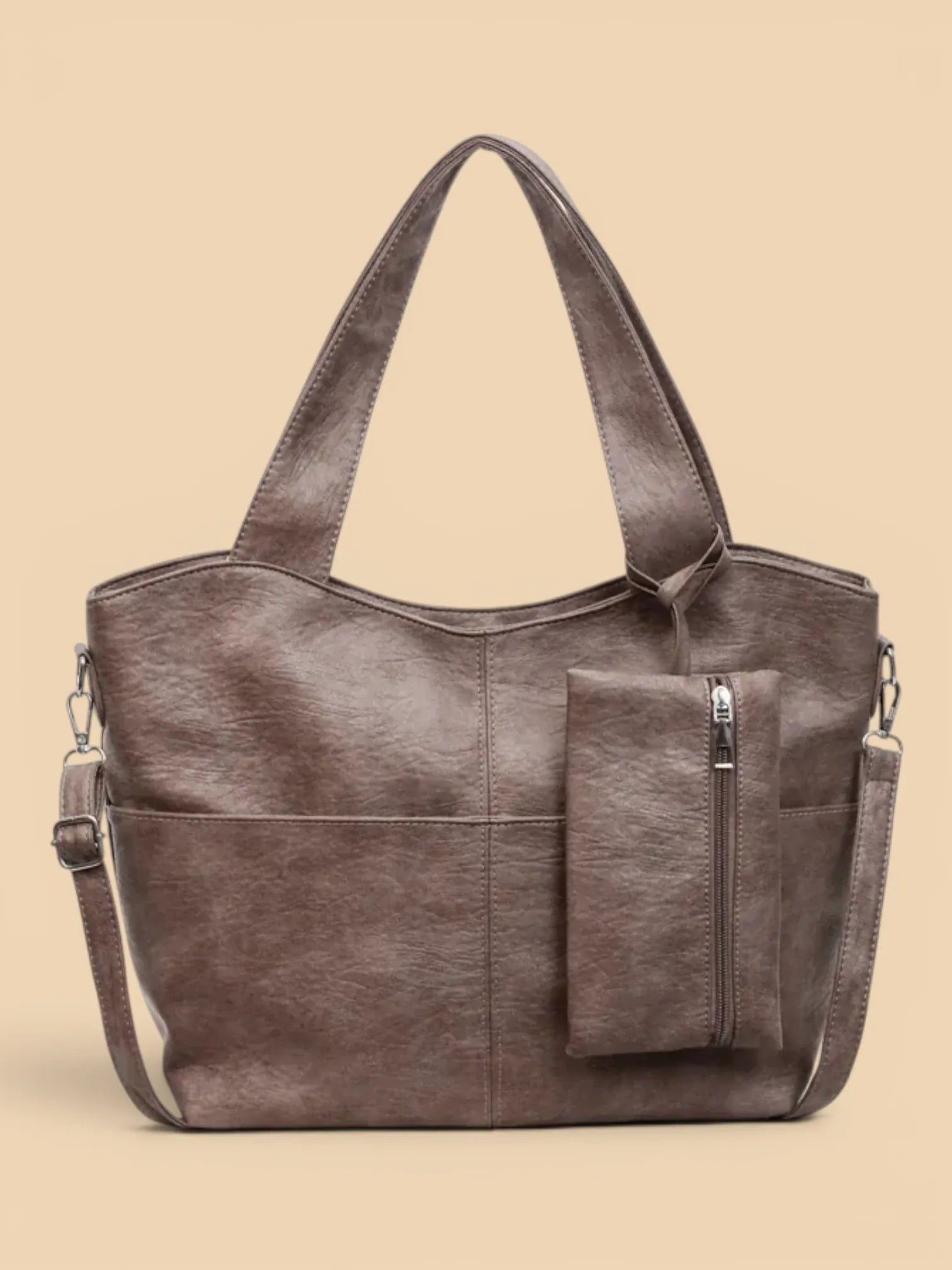Grand Sac Cuir Vegan Souple avec Pochette Khaki