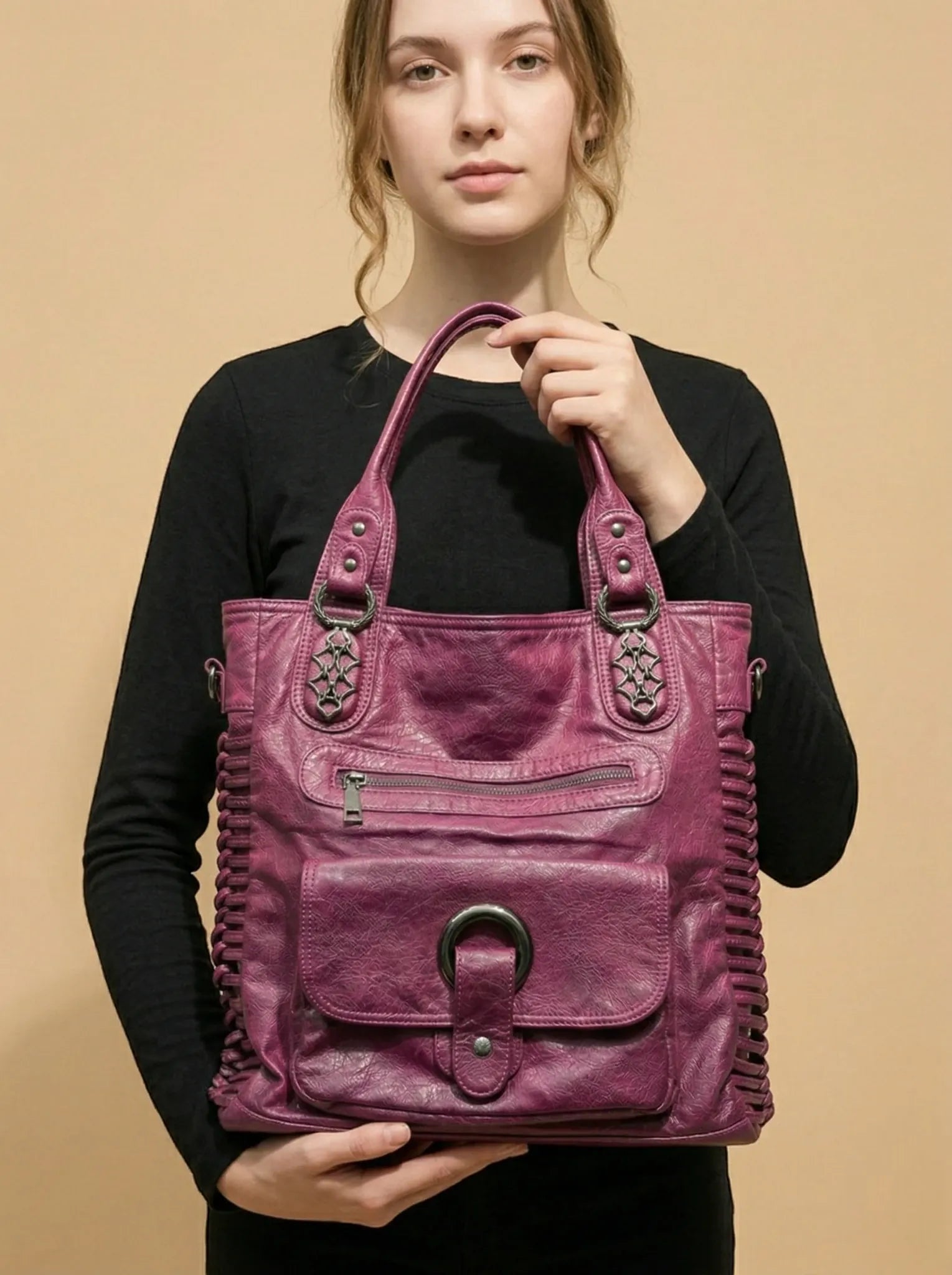 Grand Sac de Cours Carré Violet Cuir Vegan Violet