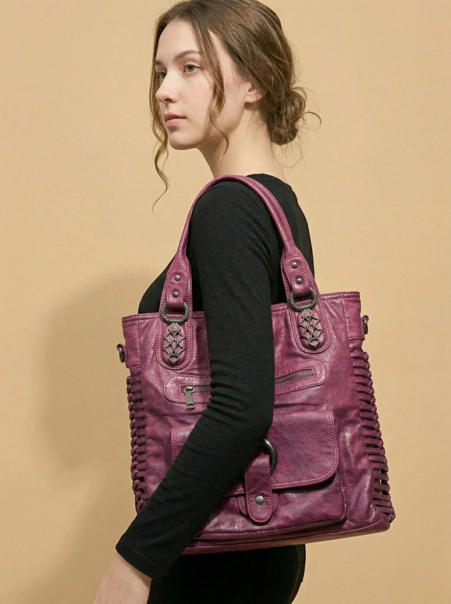 Grand Sac de Cours Carré Violet Cuir Vegan Violet