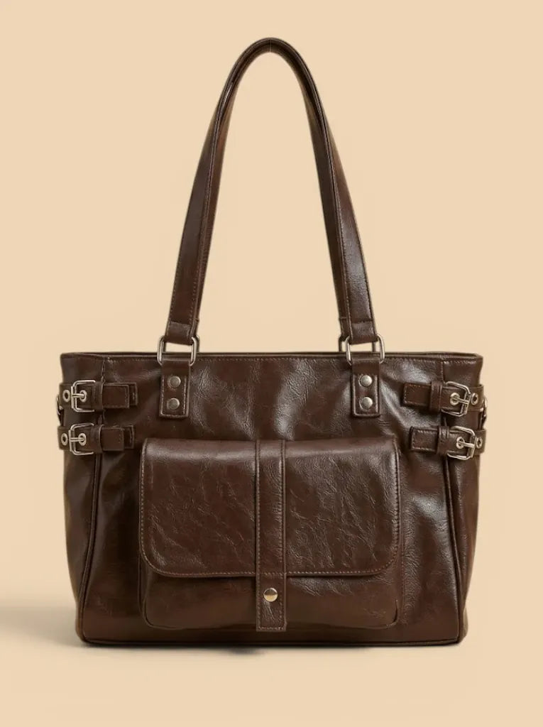 Grand Sac de Cours Cuir Vegan Matelassé Boucles Café