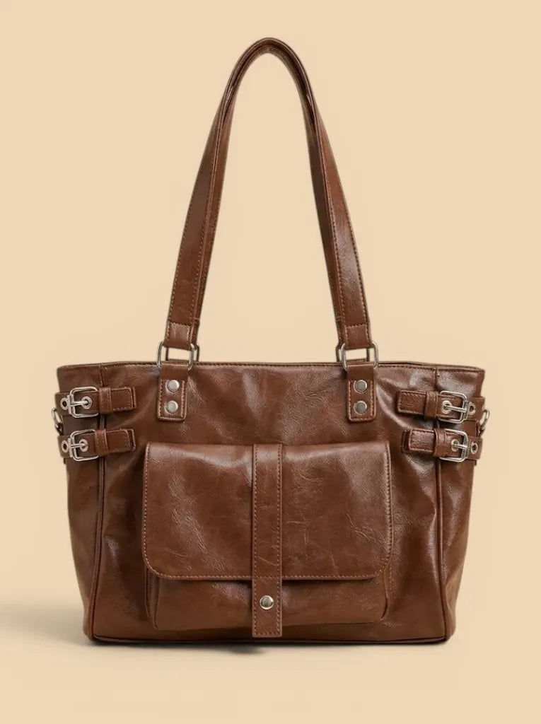 Grand Sac de Cours Cuir Vegan Matelassé Boucles Marron