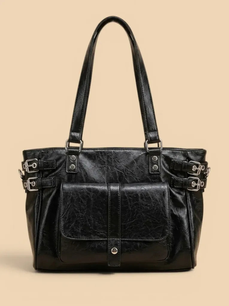 Grand Sac de Cours Cuir Vegan Matelassé Boucles Noir
