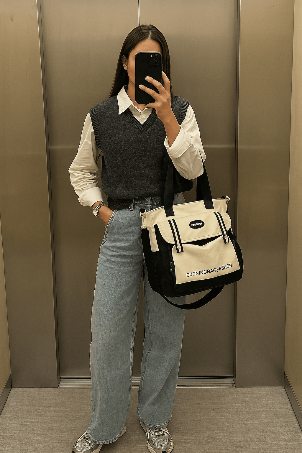 Grand Sac de Cours Vintage Noir