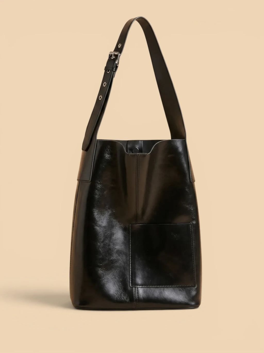 Grand Sac Hobo de Cours en Cuir Lustré Noir