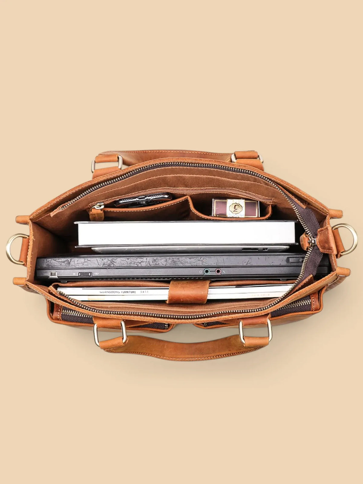 Porte document en cuir souple Camel / 14 pouces