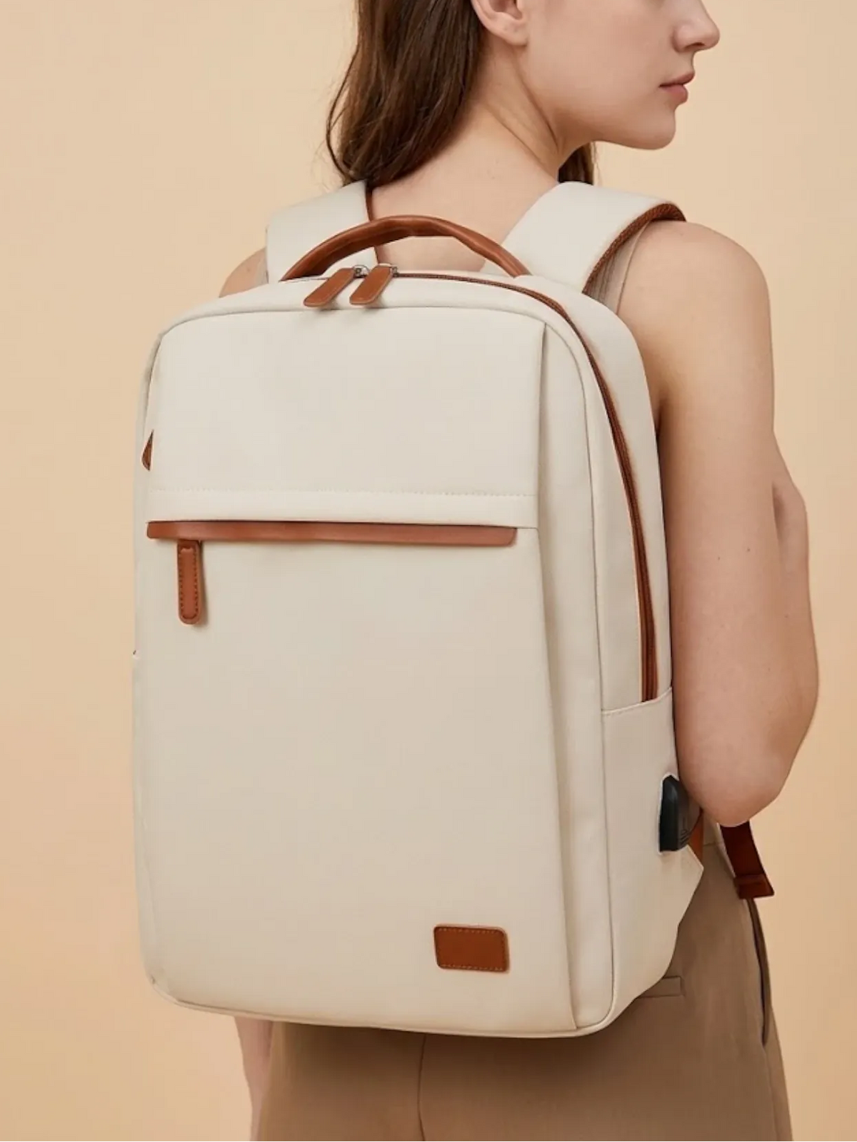 Sac à Dos Ordinateur Femme Nylon Élégant Beige / 15 pouces