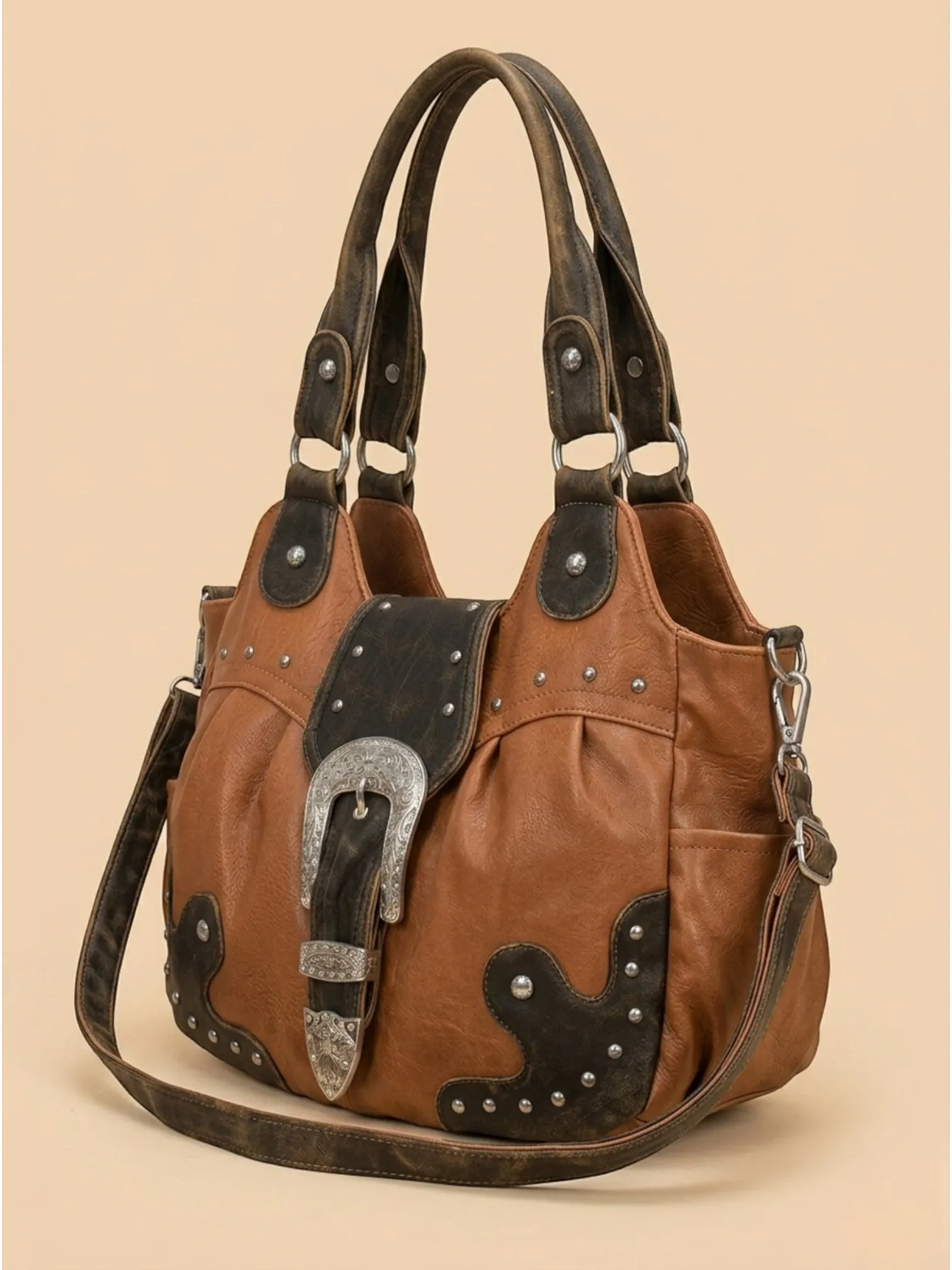 Sac a Main Cabas Camel Western Marron