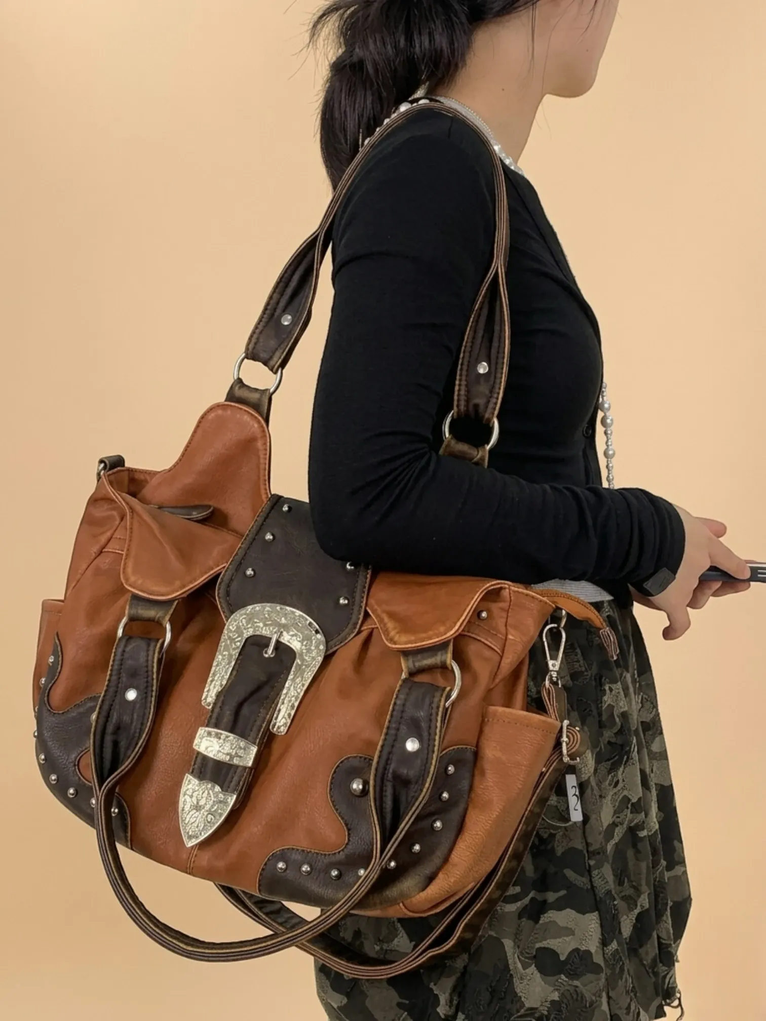 Sac a Main Cabas Camel Western Marron