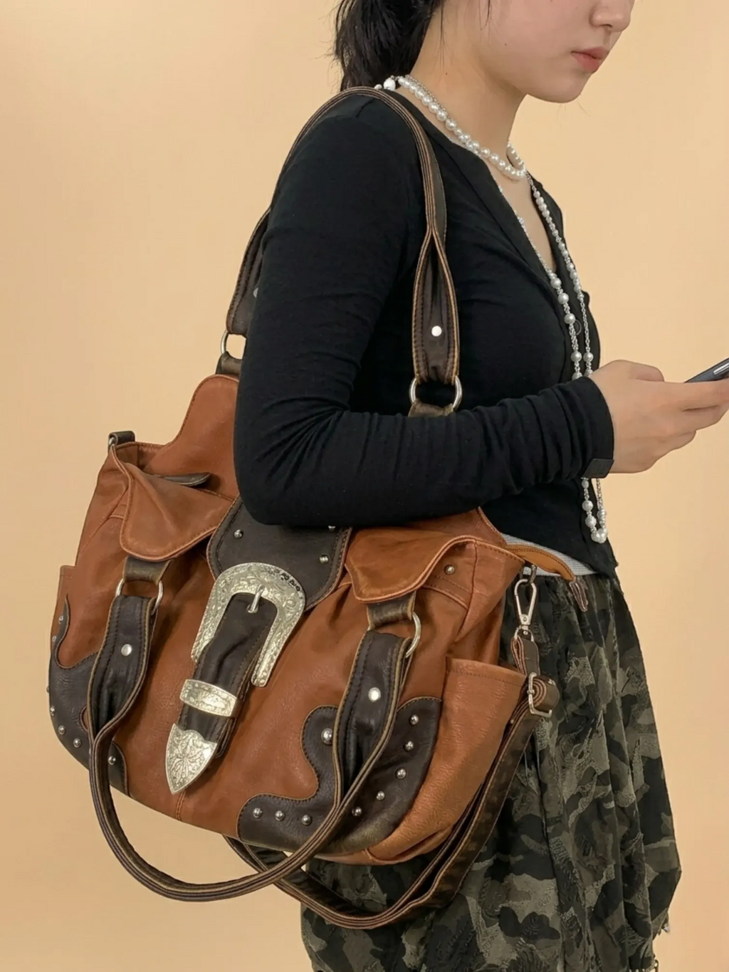 Sac a Main Cabas Camel Western Marron