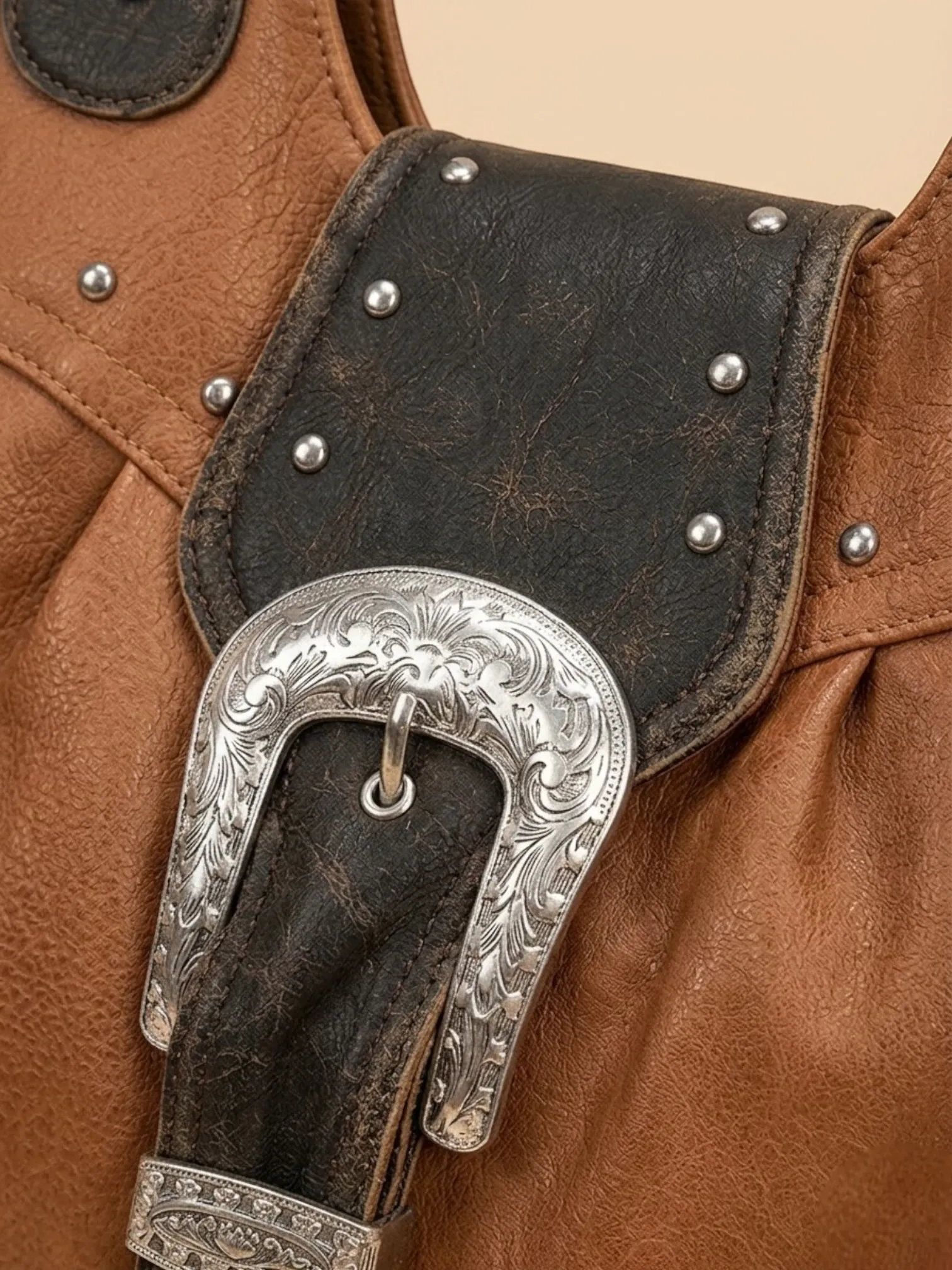 Sac a Main Cabas Camel Western Marron