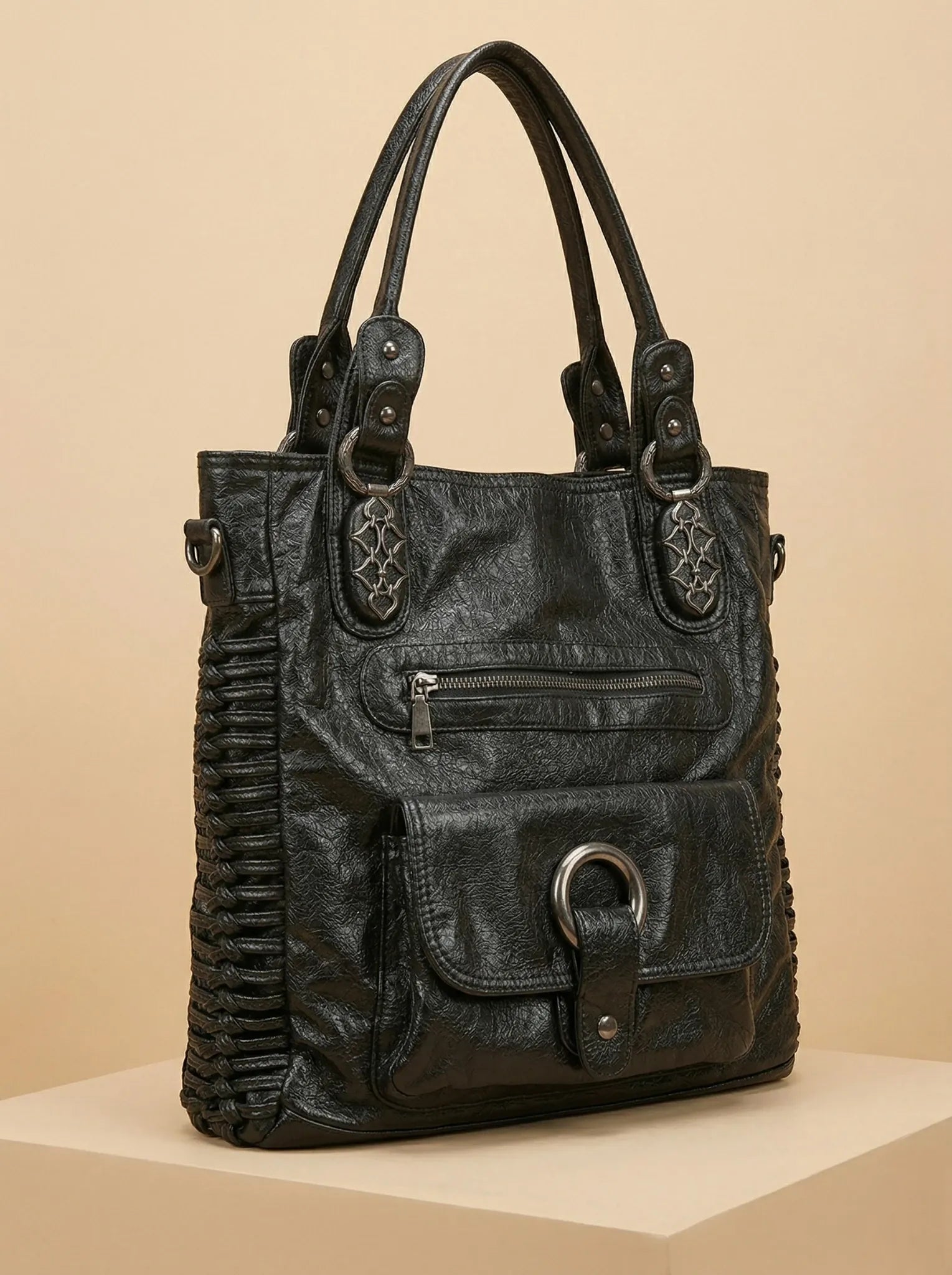 Sac a Main de Cours Carré Noir Cuir Vegan Noir