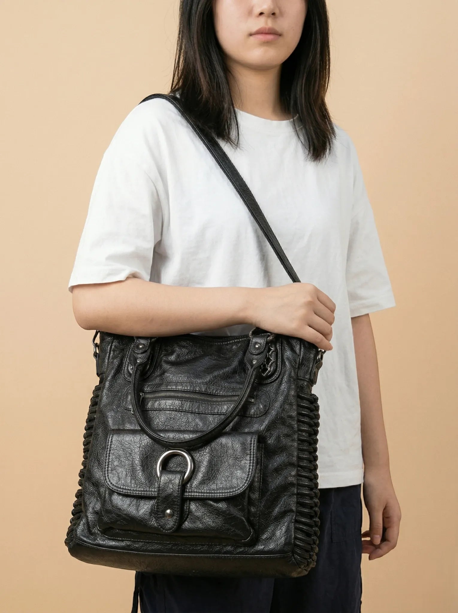 Sac a Main de Cours Carré Noir Cuir Vegan Noir