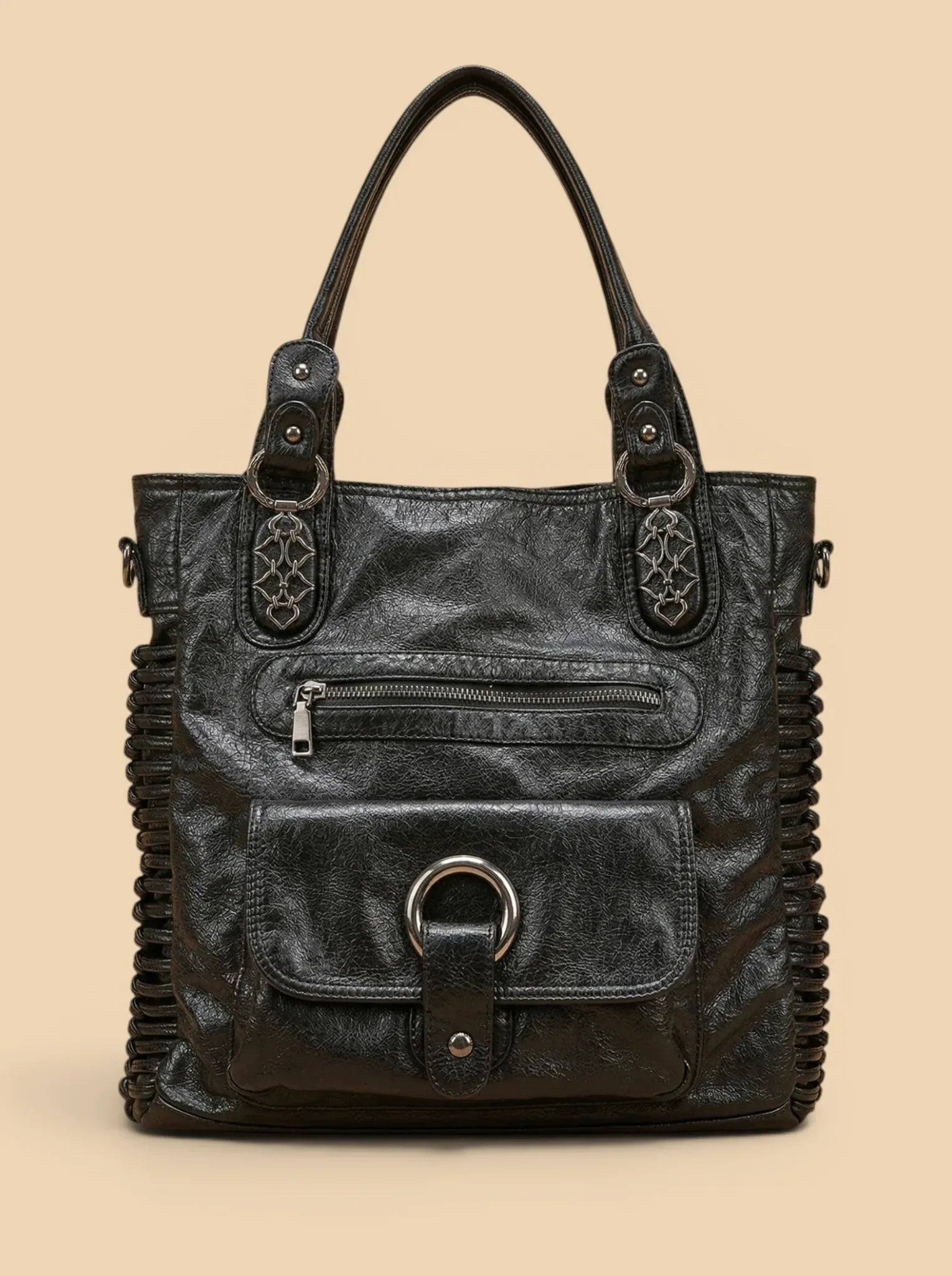Sac a Main de Cours Carré Noir Cuir Vegan Noir