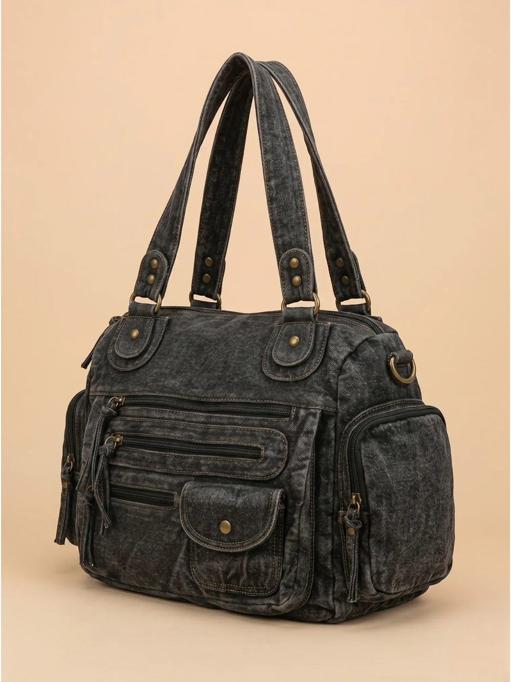 Sac a Main de Cours Effet Jeans Streetwear Noir