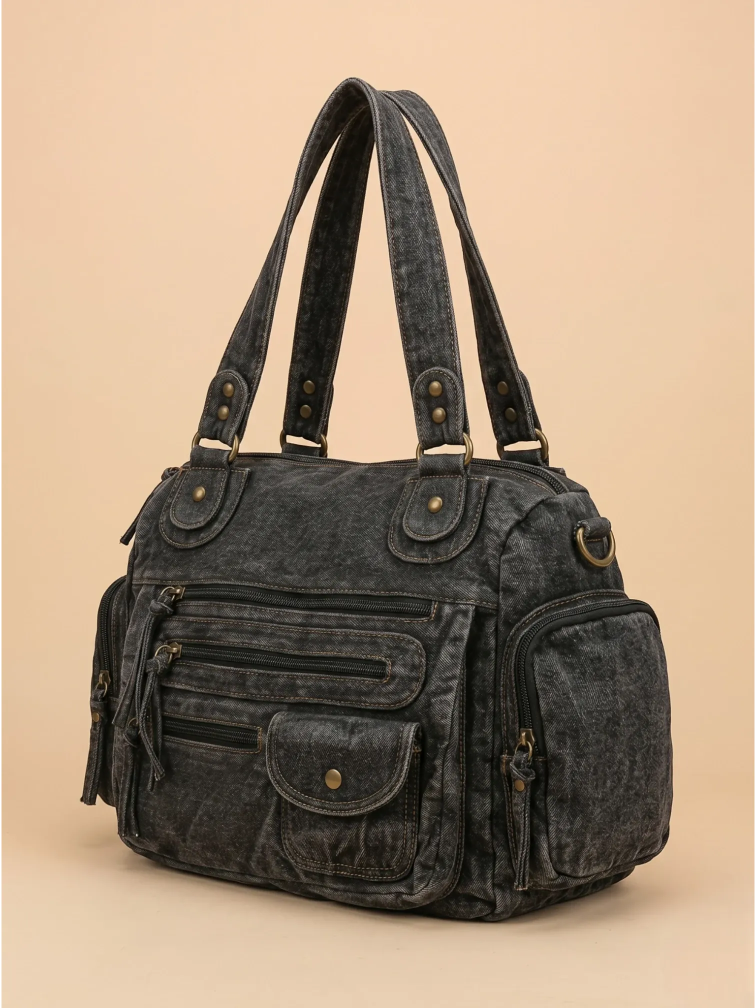 Sac a Main de Cours Effet Jeans Streetwear Noir