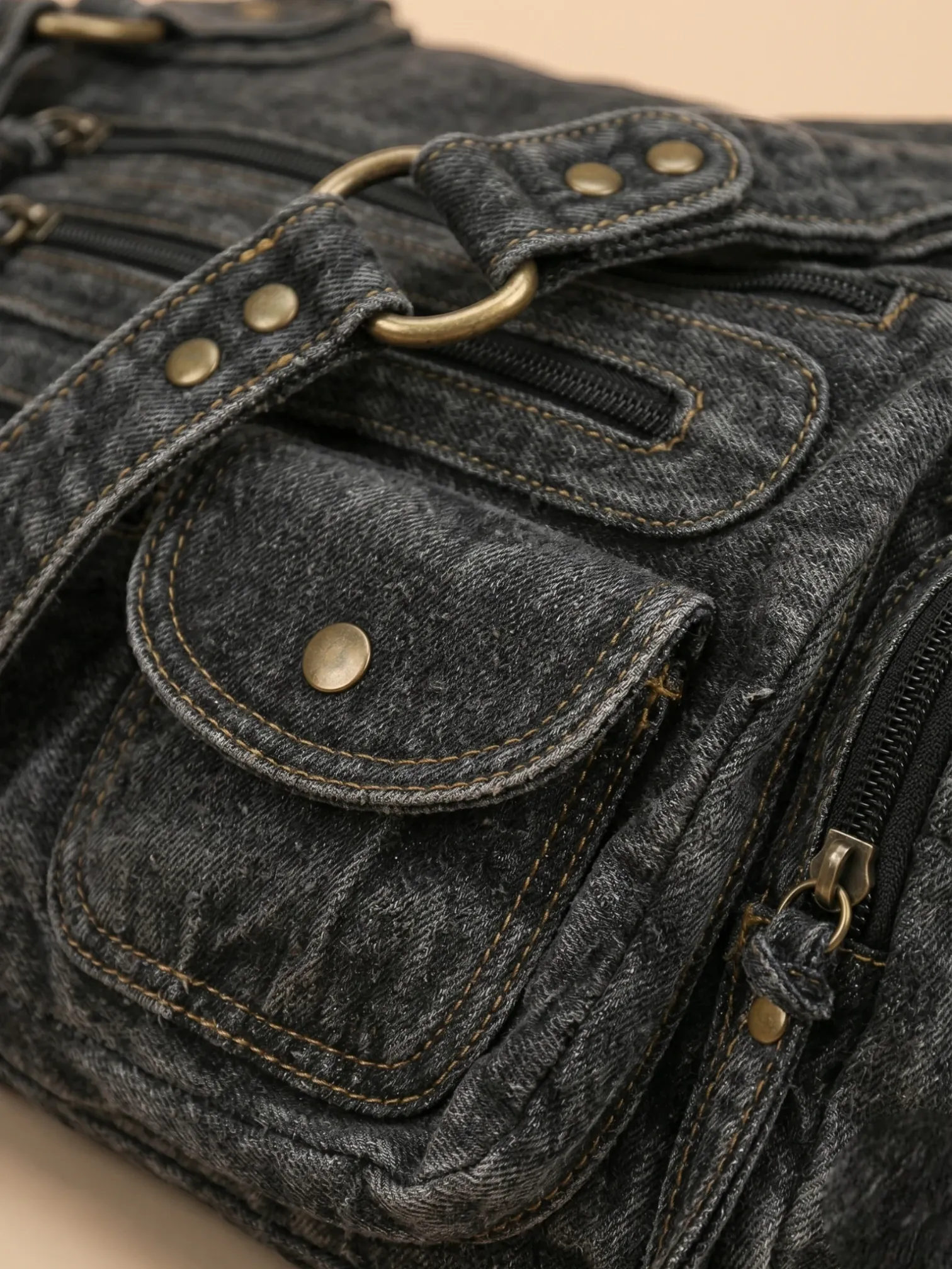 Sac a Main de Cours Effet Jeans Streetwear Noir