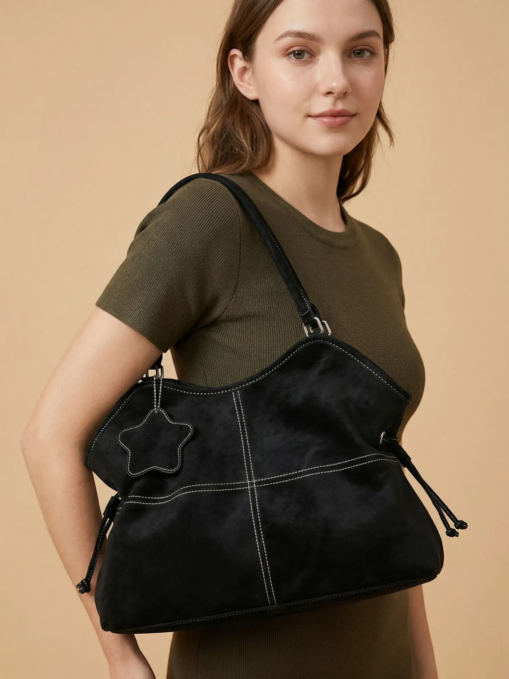 Sac a Main de Cours en Similicuir Surpiqué Noir